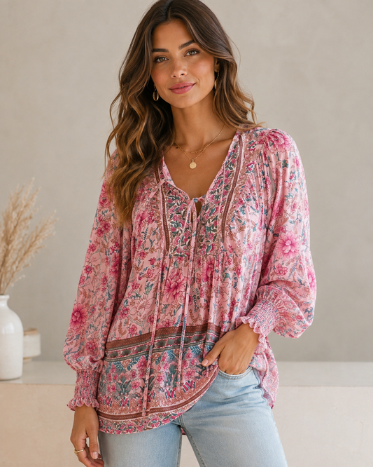 Emma | Boho Bluse V-Udskæring Pufærmer Blomsterprint